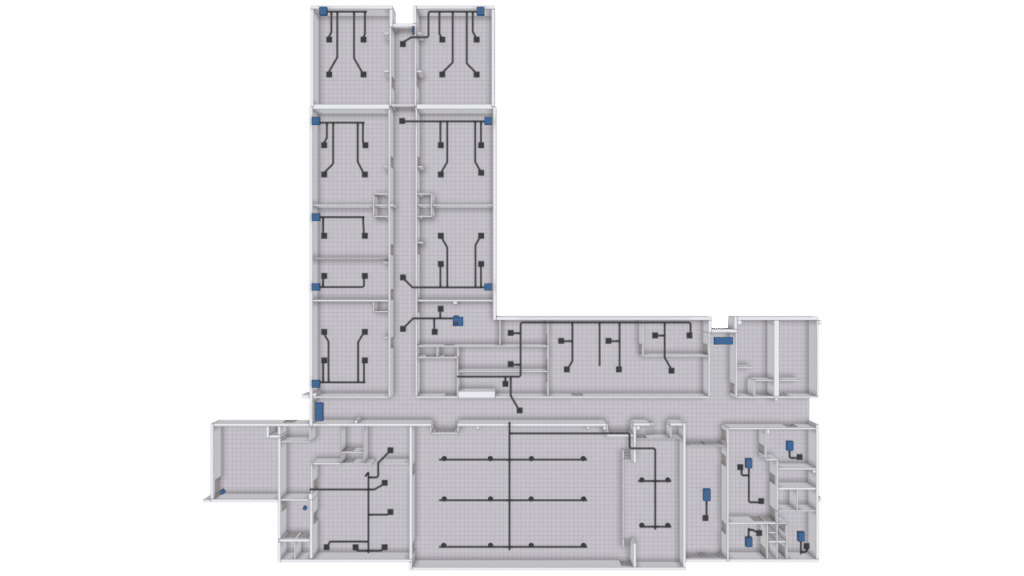 Digital floor plan with multiple rooms and corridors in an L-shape. Black lines represent wiring or piping routes, while blue squares along the walls—likely for outlets or equipment—enhance the BAS graphics integration.