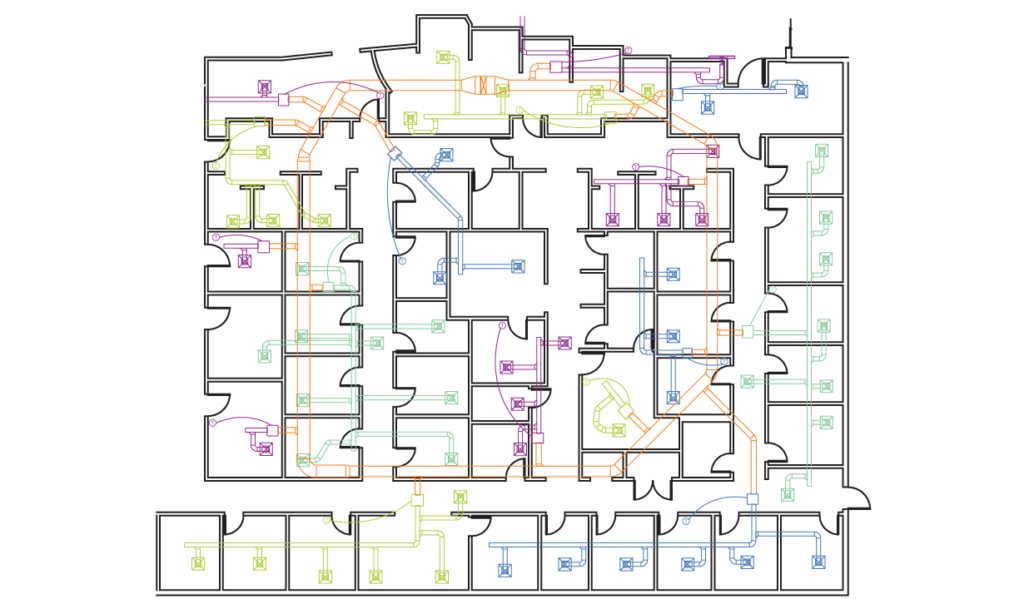 A 2D building floor plan with multiple rooms and color-coded lines, symbols, and pathways representing various electrical or network wiring routes throughout the structure.