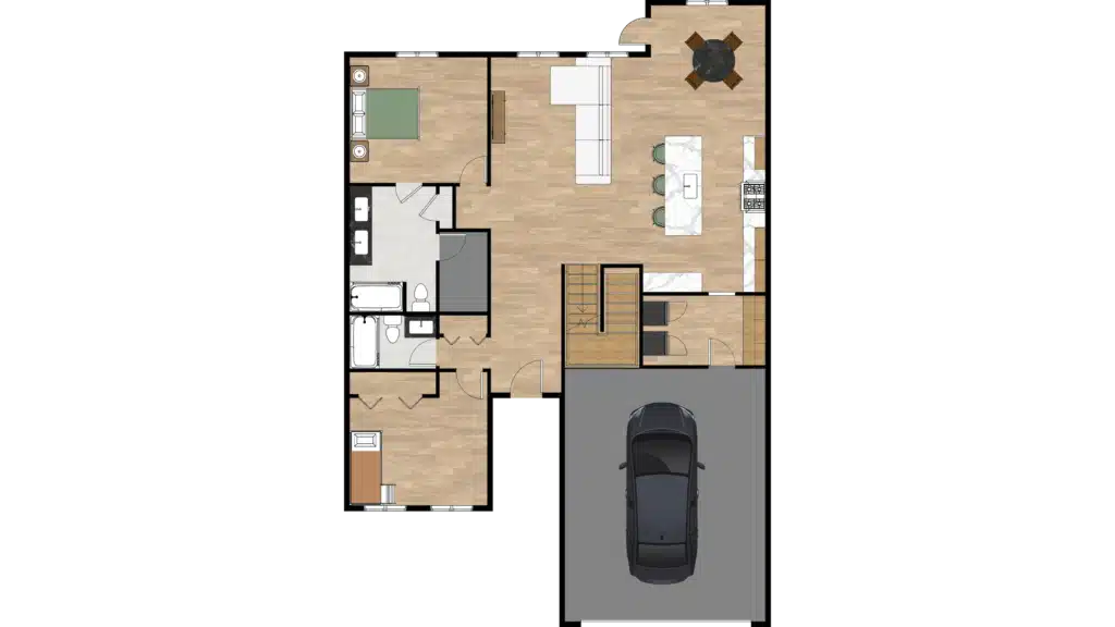 This 2D floor plan features a garage on the bottom right, central kitchen and living areas, dining space, bedroom at the top left, two bathrooms, stairway, and an entryway—perfectly organized for functional living.