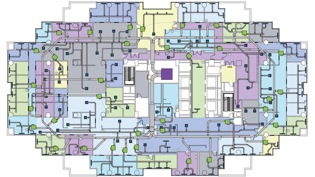 2D color-coded architectural floor plan showing rooms, hallways, elevators, stairs, and various utility lines. Icons and paths indicate electrical, plumbing, or HVAC routes throughout the building layout. No furniture is visible.