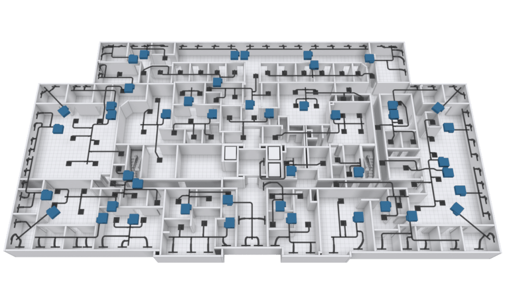 3D floor plan of an office building featuring BAS graphics, with multiple rooms and workstations marked by blue squares. Black lines show cable or wiring routes across corridors and partitioned sections.