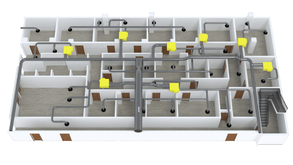 3D rendering of a building floor plan featuring BAS graphics, highlighting a ventilation or duct system with pipes and yellow units running through multiple rooms for efficient air distribution.