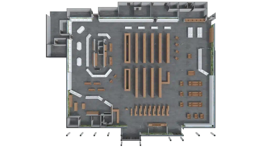 A top-down 3D Floor Plan of a spacious, modern office with multiple desks, tables, seating areas, and open spaces arranged in a grid-like pattern. The design showcases various workstations and lounge zones.