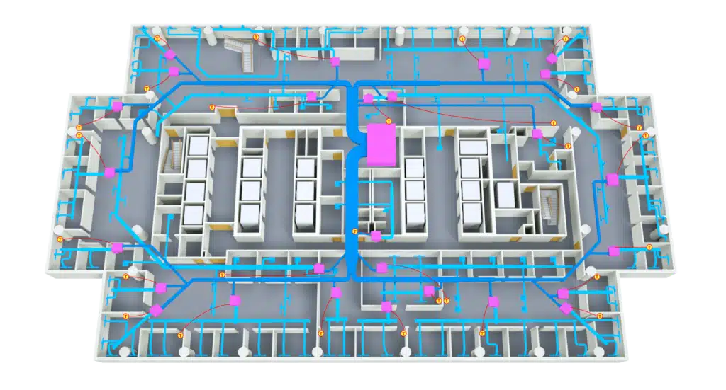 This 3D Floor Plan of a building displays rooms, hallways, and stairways. Blue arrows illustrate pathways, while pink squares and orange markers highlight key points or equipment across the layout.