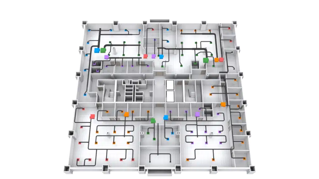 3D Floor Plan of a building featuring a network of colored pipes running through rooms and corridors, clearly representing different utilities or systems (such as HVAC or electrical) distributed throughout the structure.
