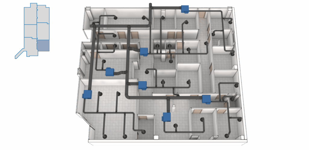 3D floor plan of a building section featuring an overhead ventilation system with black ducts and blue vents across multiple rooms, enhanced with BAS graphics. An inset map highlights the section in blue.