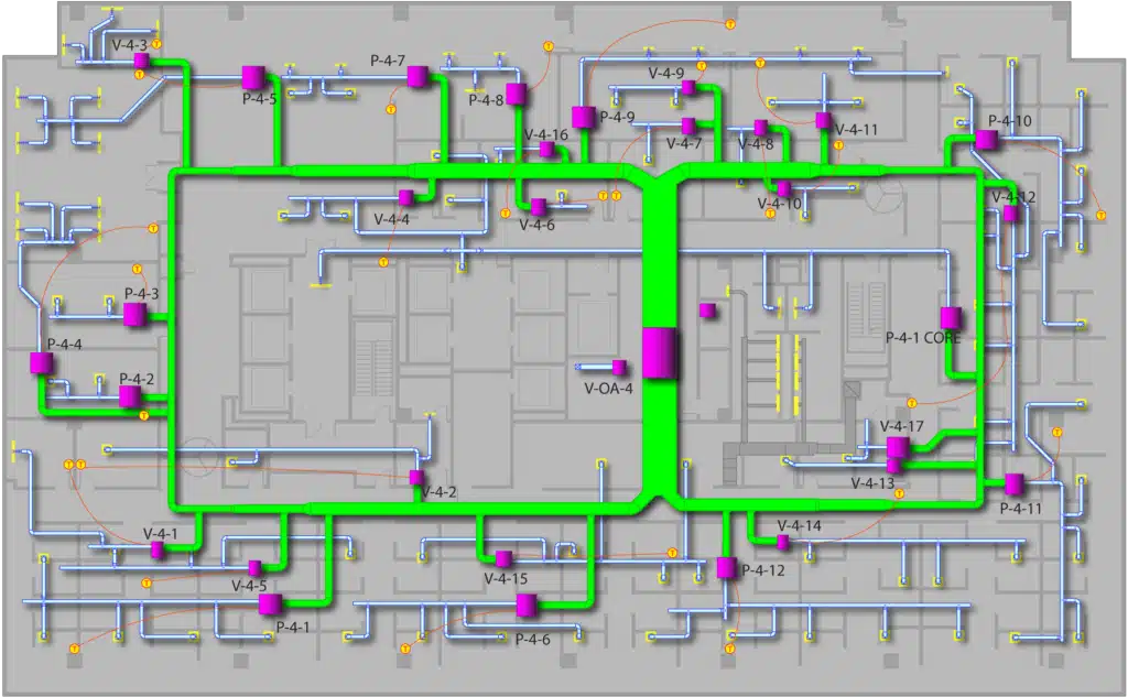 A 2D floor plan with a gray background, overlaid with green, blue, and purple lines representing ductwork or piping, labeled with codes like P-4-3 and V-4-13, and orange symbols marking connections or valves.