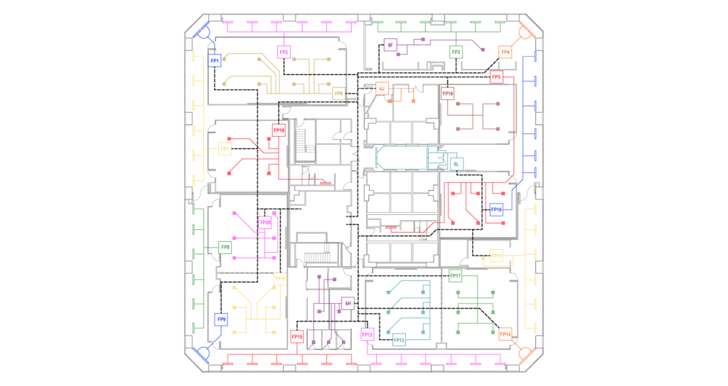 A detailed 2D floor plan with various rooms outlined and color-coded lines running throughout, indicating routes or pathways. Each line is labeled with numbers and letters, and the outer border includes marked entrances or exits.