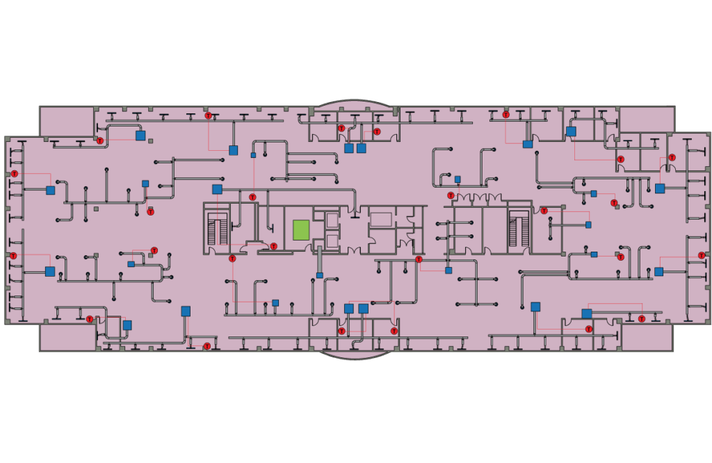 A detailed floor plan with rooms, hallways, doors, and various symbols in blue, red, and black. BAS graphics highlight two centrally located staircases and an elevator, with a green square near the middle of the layout.