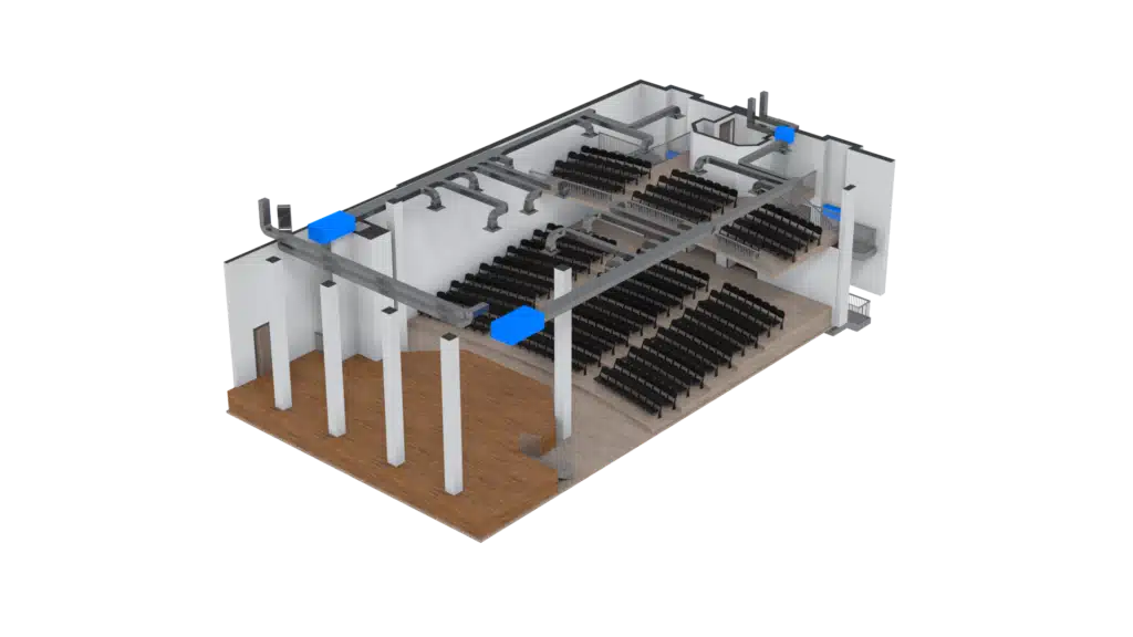 3D Floor Plan cutaway rendering of a two-level auditorium with rows of black seats, exposed HVAC ducts, and a wooden floor; white walls enclose the space, with select areas highlighted in blue and yellow.