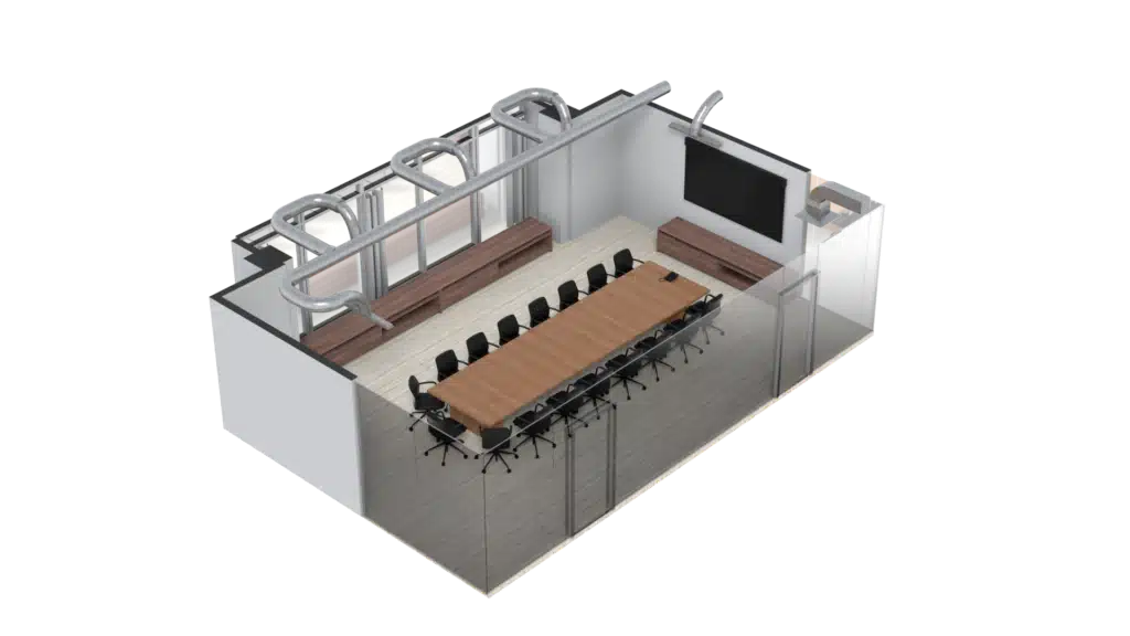 3D Floor Plan rendering of a modern conference room with a long wooden table, twelve chairs, glass walls, mounted screen, and exposed ceiling ducts.