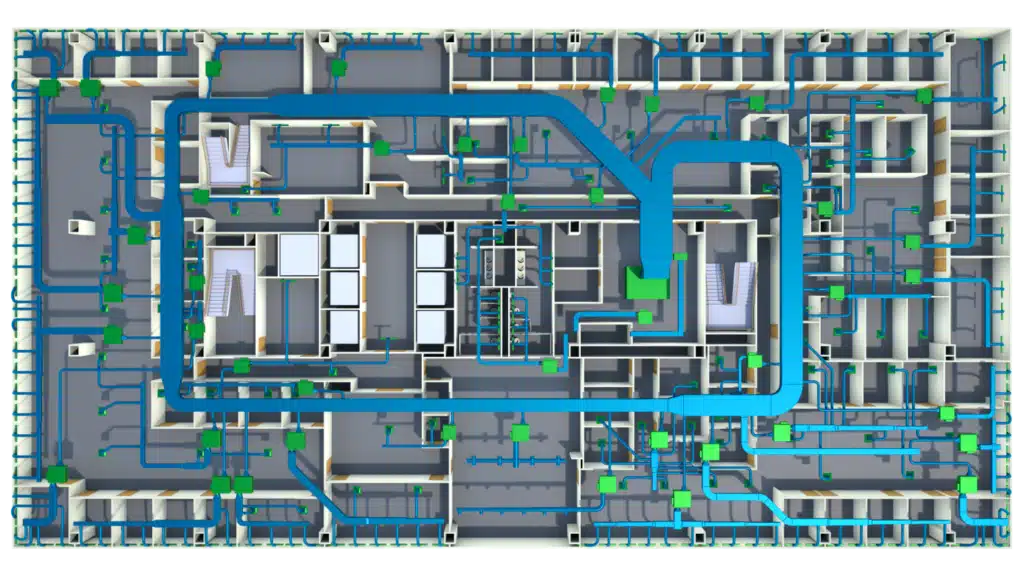 A detailed 3D rendering of a building's HVAC system, integrated into a realistic 3D Floor Plan, showing blue ducts, green components, and various rooms and hallways to illustrate air distribution across multiple floors.