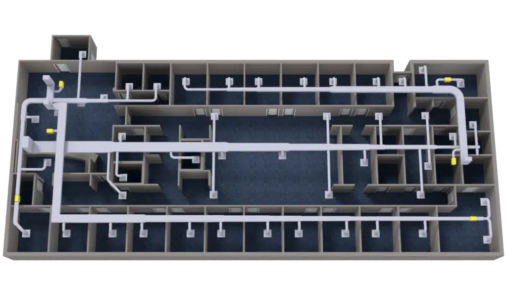 3D Floor Plan of a building featuring an HVAC ductwork system in white, weaving through multiple rooms and corridors, with yellow markers highlighting key connection points throughout the space.