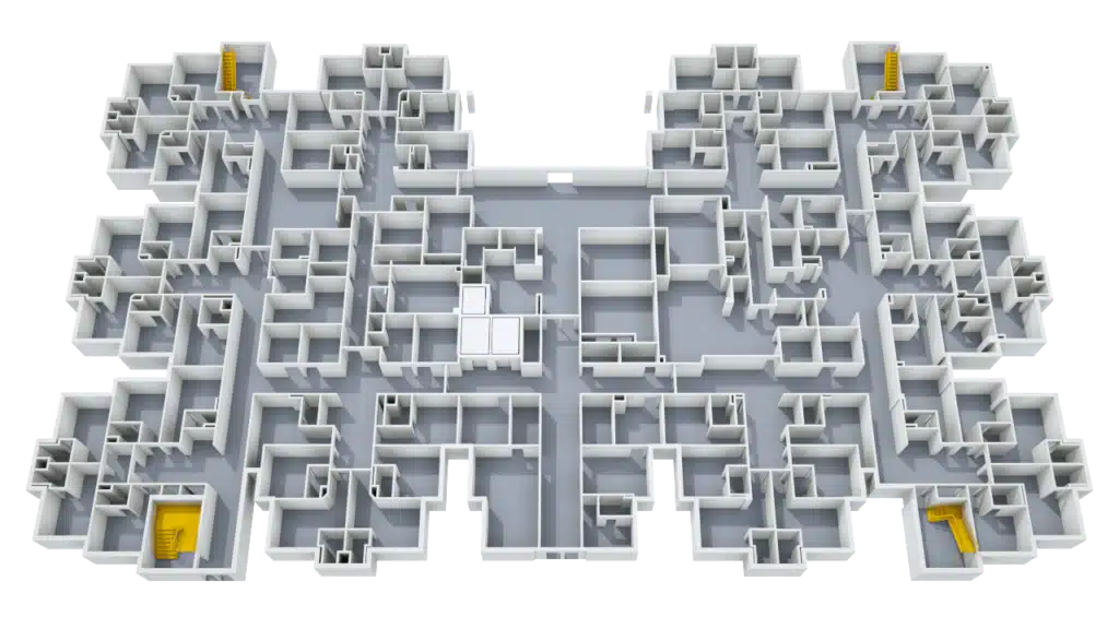 3D Floor Plan of a multi-room building with a central corridor, symmetrically arranged rooms, and four yellow stairwells at the corners. The complex layout resembles a large office or apartment building.