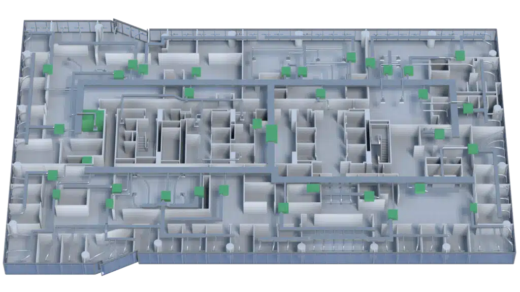 This 3D Floor Plan illustrates a building with multiple rooms and hallways. Green squares highlight specific areas throughout the blue and gray layout, adding clarity to the detailed design.