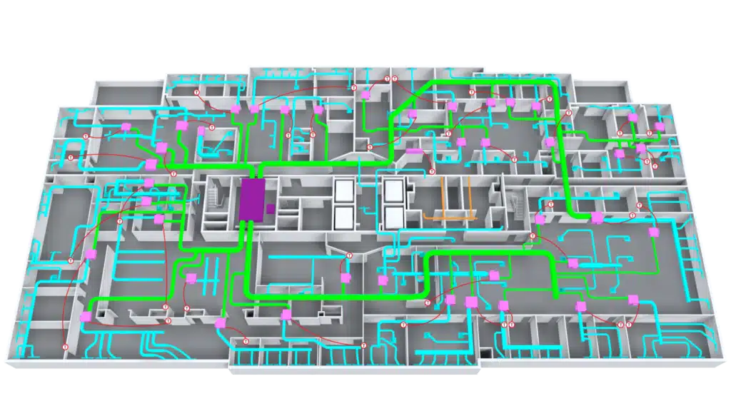 3D Floor Plan of a building with multiple rooms, displaying a network of bright green and blue lines with pink nodes throughout, representing pathways or cabling routes for utilities or data infrastructure.
