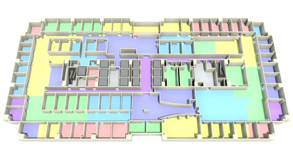 A detailed 3D Floor Plan of a large building, featuring multiple rooms of various sizes and colors, connected by hallways with clearly defined walls and doorways.