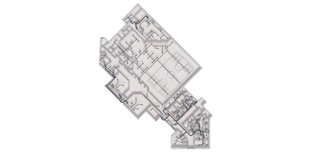 3D Floor Plan of a building featuring multiple rooms, hallways, restrooms, and a large gymnasium or basketball court in the center, with clearly labeled doors, walls, and fixtures throughout.
