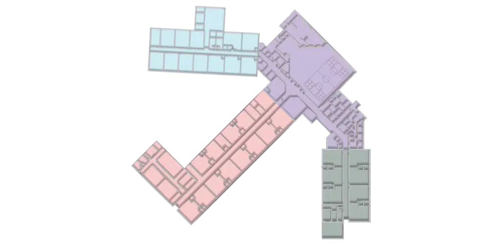 3D Floor Plan featuring three color-coded sections: blue rooms on the top left, purple rooms at the top right and center, and pink rooms extending diagonally down and left, all connected by hallways.