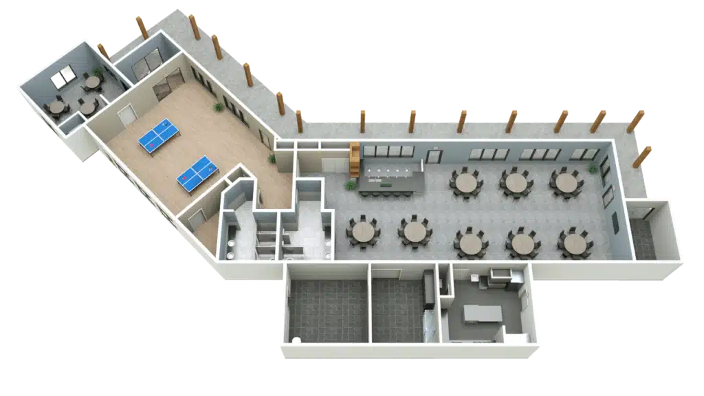 This 3D Floor Plan features a recreational area with two ping-pong tables, a dining space with round tables and chairs, a kitchen area, restrooms, offices, and large windows or doors along one side.