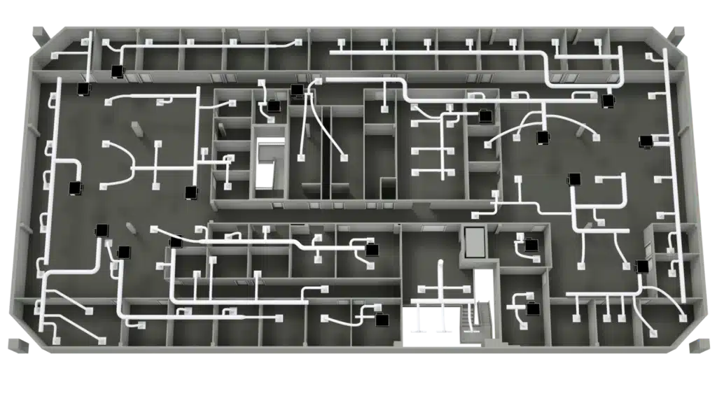 3D Floor Plan of a building featuring multiple rooms, halls, and corridors. White lines weave through the layout, possibly mapping wiring or cable routes, with black boxes positioned at intervals along these pathways.