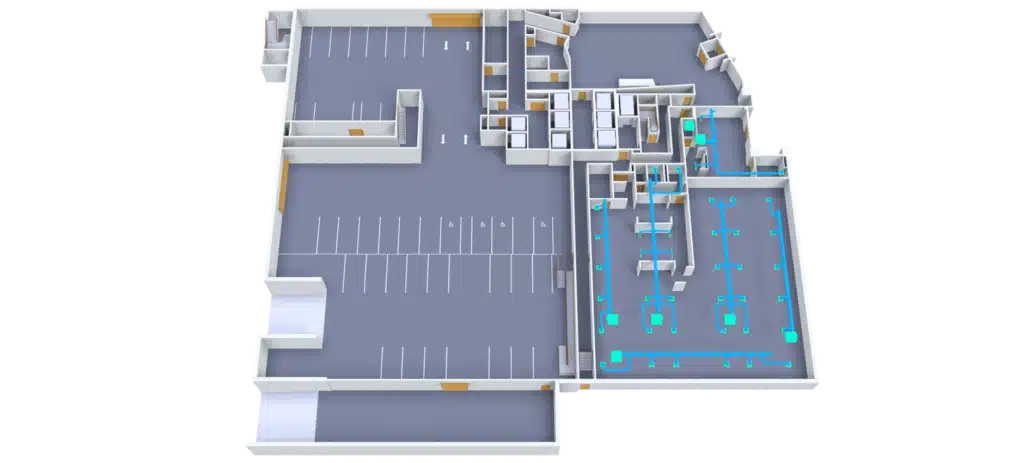 3D Floor Plan showcasing a building with a spacious parking area on the left and blue-highlighted rooms, corridors, and office spaces with desks on the right. Multiple entry doors add to the accessible layout.