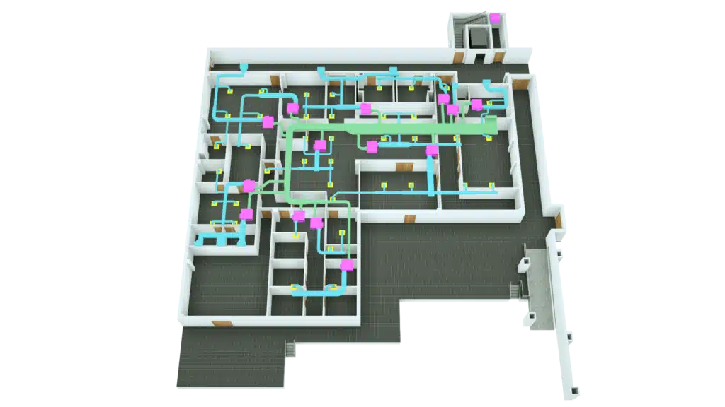 3D Floor Plan of a building showcasing a detailed network of colored pipes and ducts running through each room, highlighting the ventilation or plumbing system. Pink, blue, and yellow accents distinguish different components.