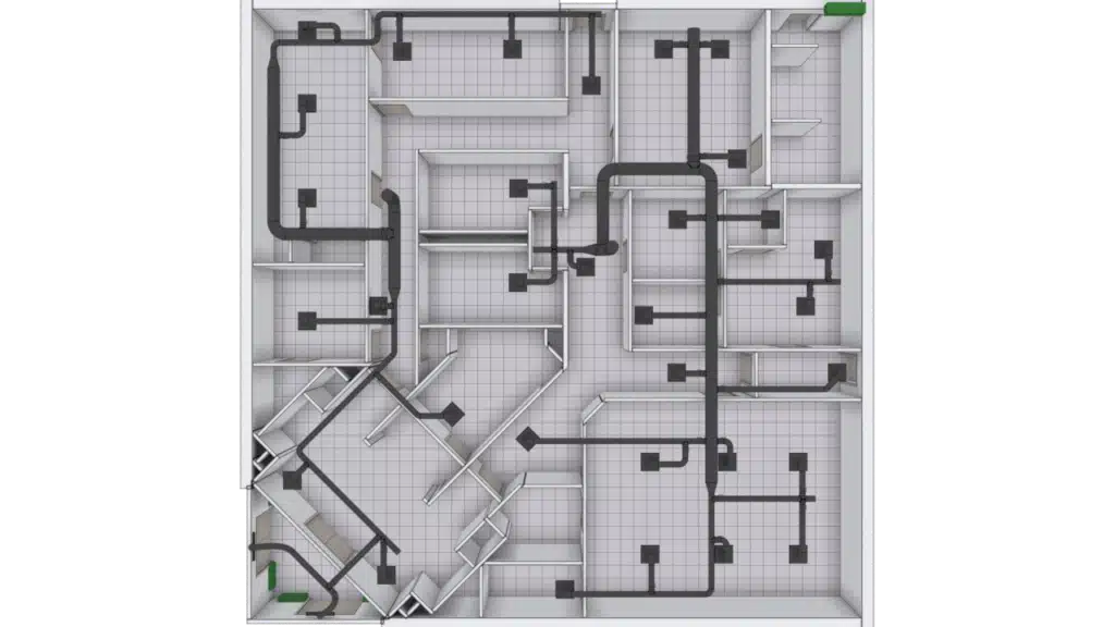 A top-down 3D Floor Plan displays multiple rooms connected by black ventilation ducts, featuring two green exit doors in the bottom left and top right corners. Most rooms include vents linked to the ducts.