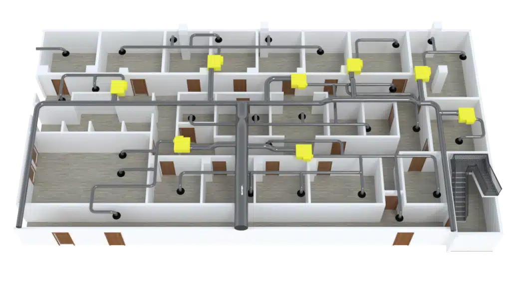 This 3D Floor Plan illustrates a building’s interior layout with multiple rooms, doors, and HVAC ductwork featuring yellow ventilation units in the ceiling. Stairs are visible on the right side of this detailed visualization.