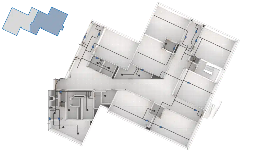 A top-down view of a 3D Floor Plan displays multiple rooms, doors, and corridors, with interior walls and fixtures. Blue and gray shaded boxes appear in the top left corner of the image.