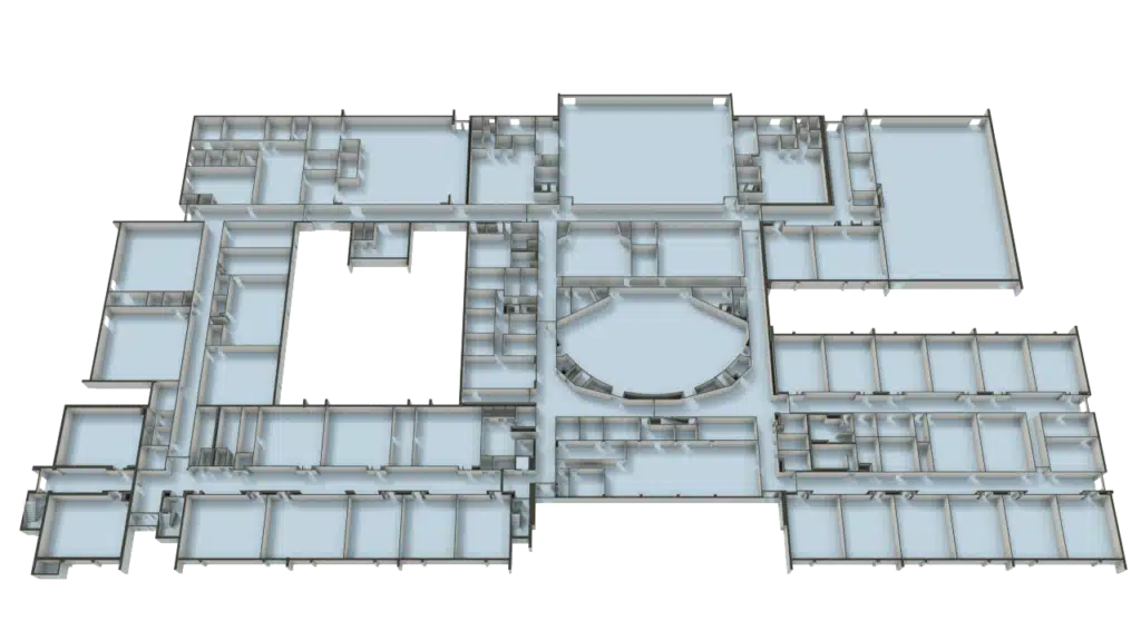 3D Floor Plan of a large building with multiple rooms, hallways, and a central circular area. The layout displays interconnected spaces and corridors, all viewed from above.