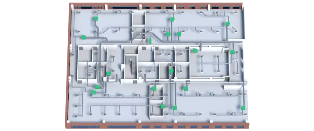 3D Floor Plan of a building illustrates multiple rooms, hallways, and green nodes interconnected by grey pipes, clearly representing the HVAC system layout throughout the structure.