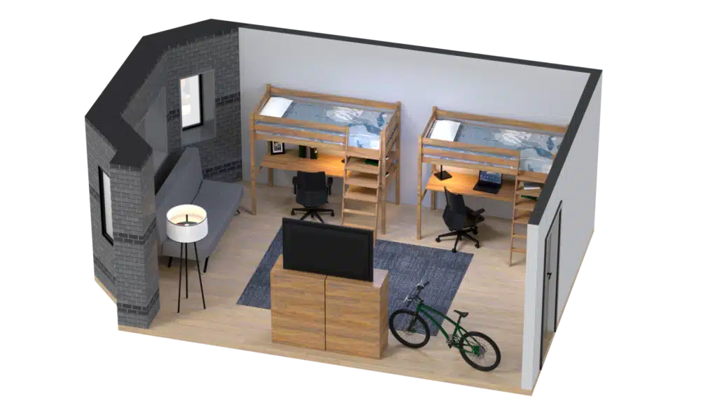 3D Floor Plan rendering of a dorm room features two lofted beds, desks with chairs underneath, a sofa, TV on a stand, floor lamp, and bicycle on wooden floors with gray and white walls and a small window.
