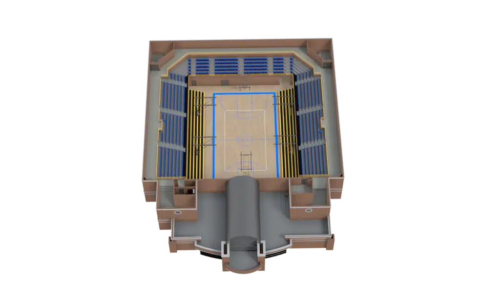 A 3D Floor Plan rendering of an indoor basketball court with wooden flooring, blue and yellow seating, an entrance tunnel at the bottom, and stands surrounding the court on three sides.