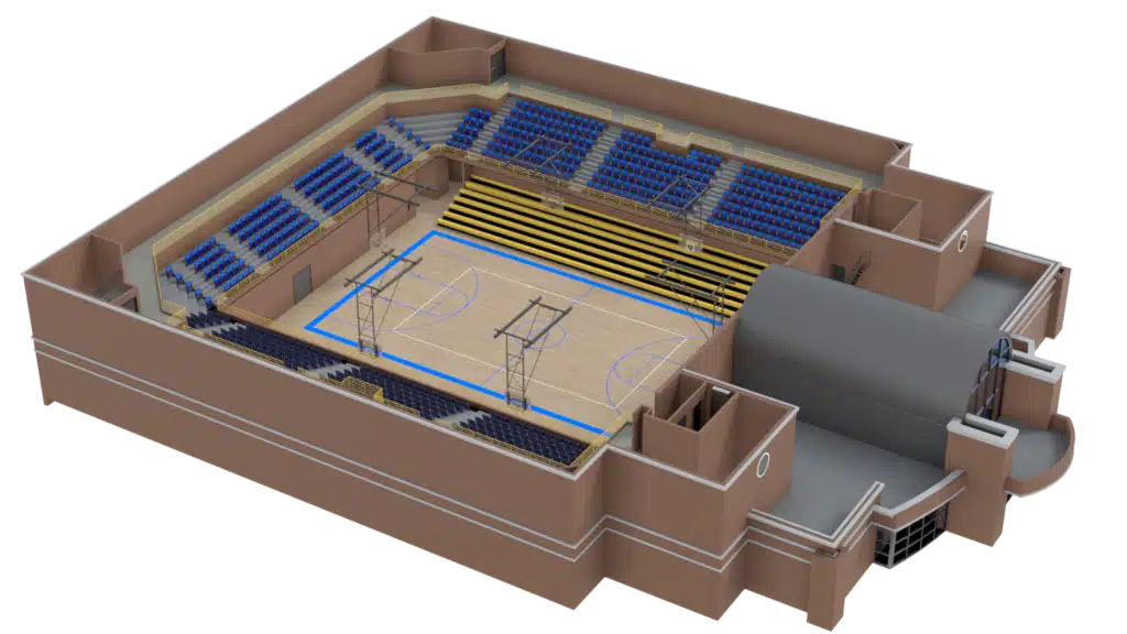 3D rendering of an indoor basketball gym with blue and yellow seating, wooden court, and brick walls. The 3D floor plan features bleachers on three sides and an arched entrance at one end.