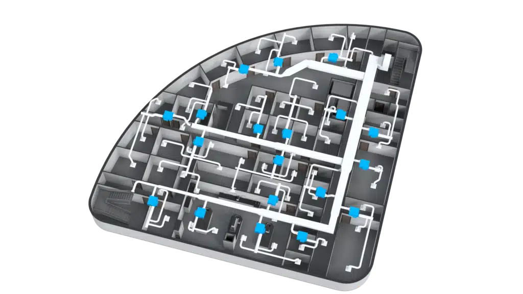 3D Floor Plan of a modern office showcasing multiple rooms. Blue HVAC units and white ductwork are visible throughout, clearly illustrating the building’s ventilation and air conditioning system layout.