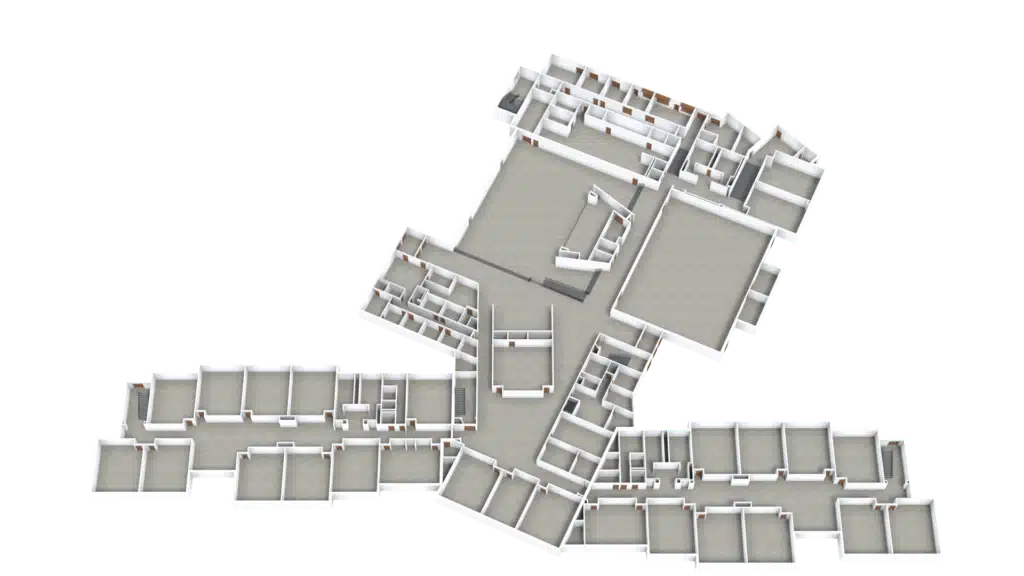 3D Floor Plan of a large building with multiple rooms, hallways, and open central areas, showcasing an intricate layout with interconnected spaces and clean white walls.