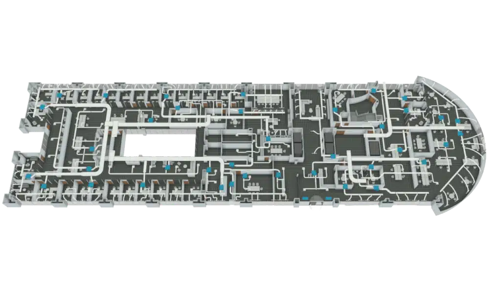 Detailed 3D Floor Plan of a building showing multiple rooms, hallways, and corridors with visible partitions and blue markers throughout the layout. The plan clearly outlines different sections and pathways.