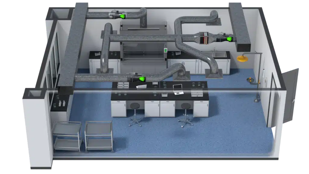 3D Floor Plan rendering of a laboratory room with blue flooring, workbenches, stools, cabinets, and exposed air ducts on the ceiling. Carts are near the entrance and lab equipment is displayed on the counters.