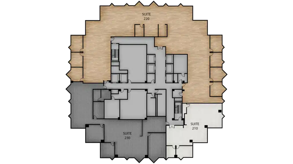 2D floor plan of an office building showing three suites labeled 210, 220, and 230. Suites are shaded in different colors: Suite 210 in white, Suite 220 in tan, and Suite 230 in gray. Hallways and rooms are clearly visible.