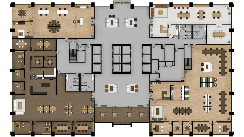 2D office floor plan featuring multiple open workspaces, private offices, meeting rooms, lounge areas, restrooms, and a central open area; modern design with wood flooring and scattered plants throughout.