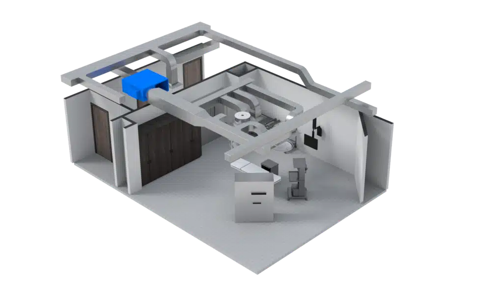 Detailed 3D Floor Plan of a small office room featuring visible HVAC ductwork on the ceiling, a desk with chair, cabinets, a table, and two doors; walls are white and the floor is finished with gray tiles.