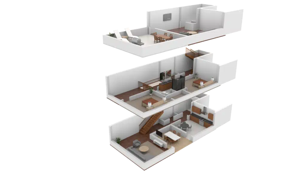 3D floor plan cutaway view of a three-story modern house, showcasing furnished bedrooms, living areas, kitchen, bathrooms, and a staircase connecting all levels.