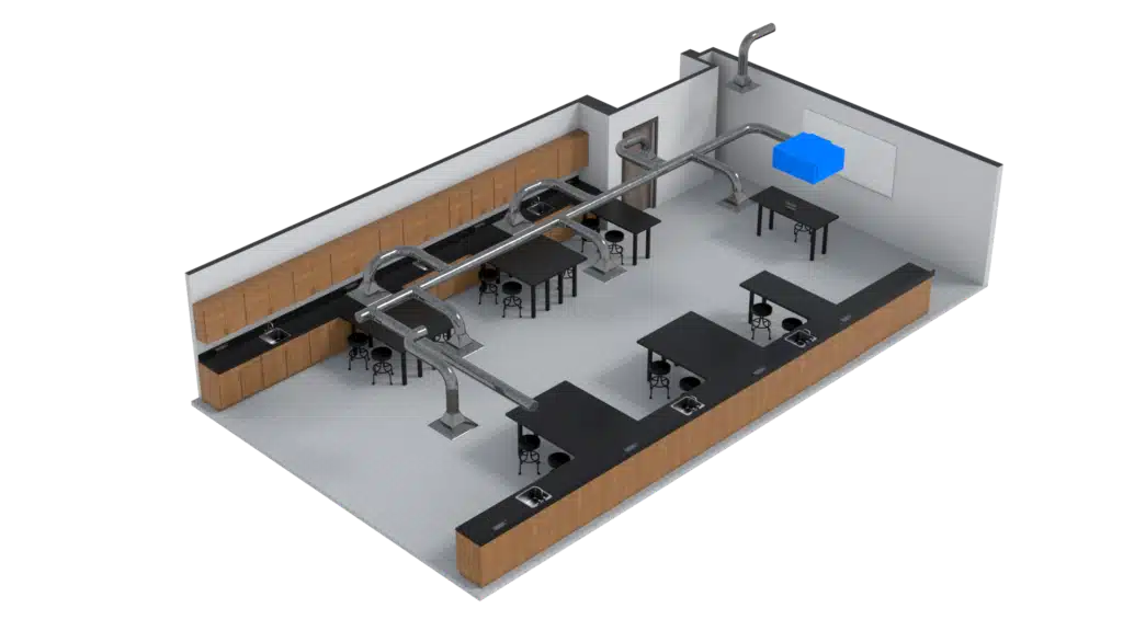 3D Floor Plan rendering of a science lab room with black tables, wooden cabinets, stools, sinks, and a ceiling ventilation system featuring visible ducts and a blue air unit.