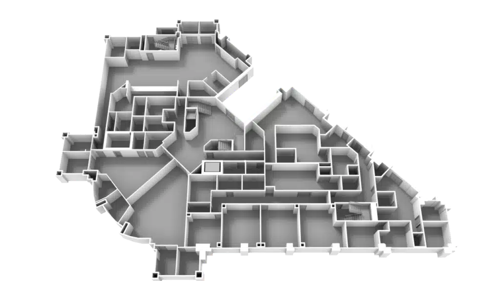 3D Floor Plan: 3D-rendered floor plan of a building with multiple rooms, hallways, and staircases, shown from an overhead perspective on a white background.