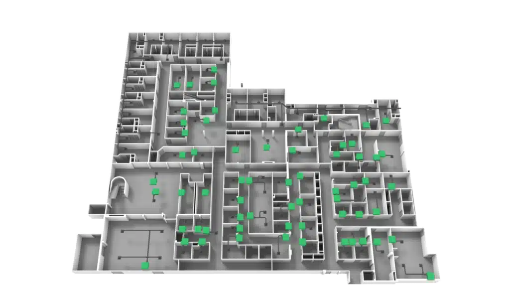 3D Floor Plan of a building featuring multiple rooms and hallways, with each room marked by a green square to highlight specific locations or points of interest.