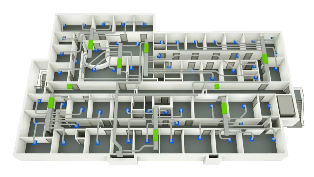 3D Floor Plan rendering of a building showcases multiple rooms, hallways, air ducts, and ventilation systems, with blue and green highlights indicating vents and essential system components.