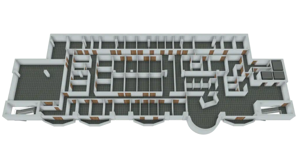 This 3D Floor Plan showcases a large building with numerous rectangular rooms, hallways, and doorways. It features a curved entrance area, mostly gray floors, brown doors, and white walls for a modern look.