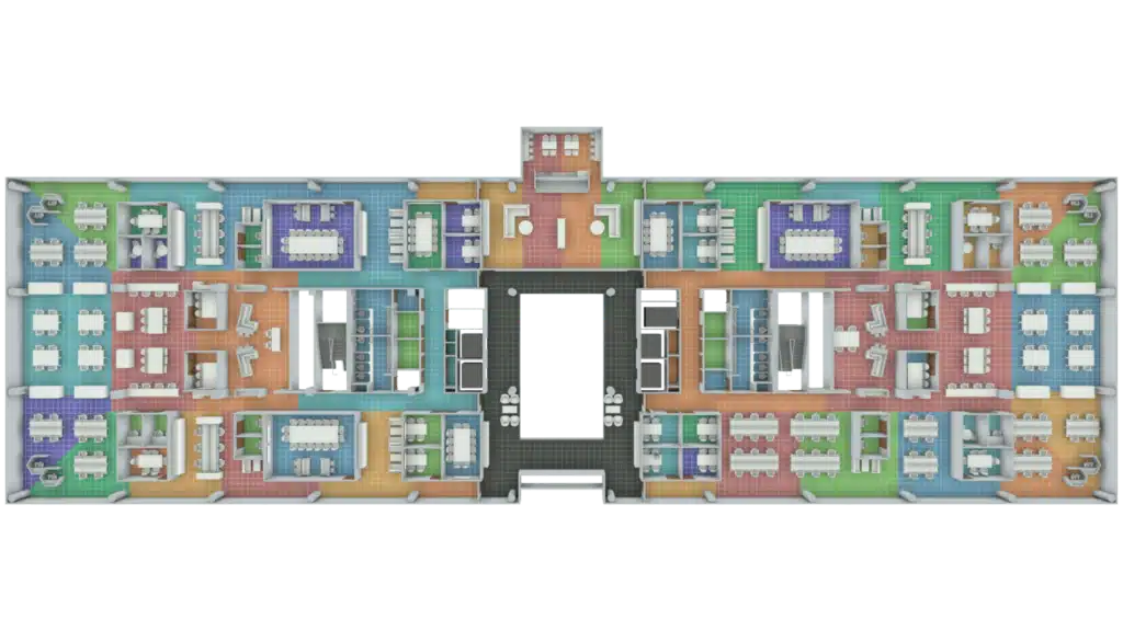 Colorful 3D Floor Plan of an office building with multiple rooms, meeting areas, workspaces, and central corridors. The mirrored layout features shared spaces in the middle and individual offices around the edges.