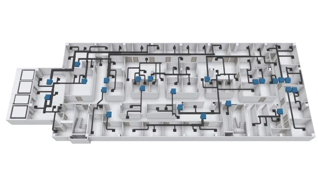 This 3D Floor Plan of a building illustrates multiple rooms connected by a complex network of black ventilation ducts and blue vents, providing a clear view of the HVAC or air distribution system.